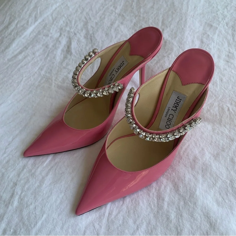 Jimmy Choo Bing 100 Shiny Patent Leather Crystal Stiletto Heels Bubble Pink - Picture 6 of 16